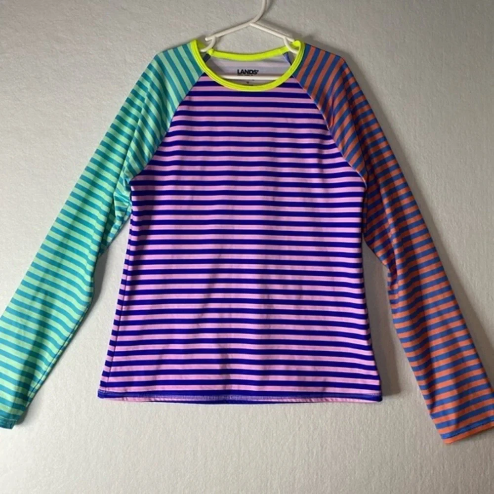 Lands End Swim Shirt Rash Guard Size 12 Blue Orange‎ Pink Stripes Long Sleeve